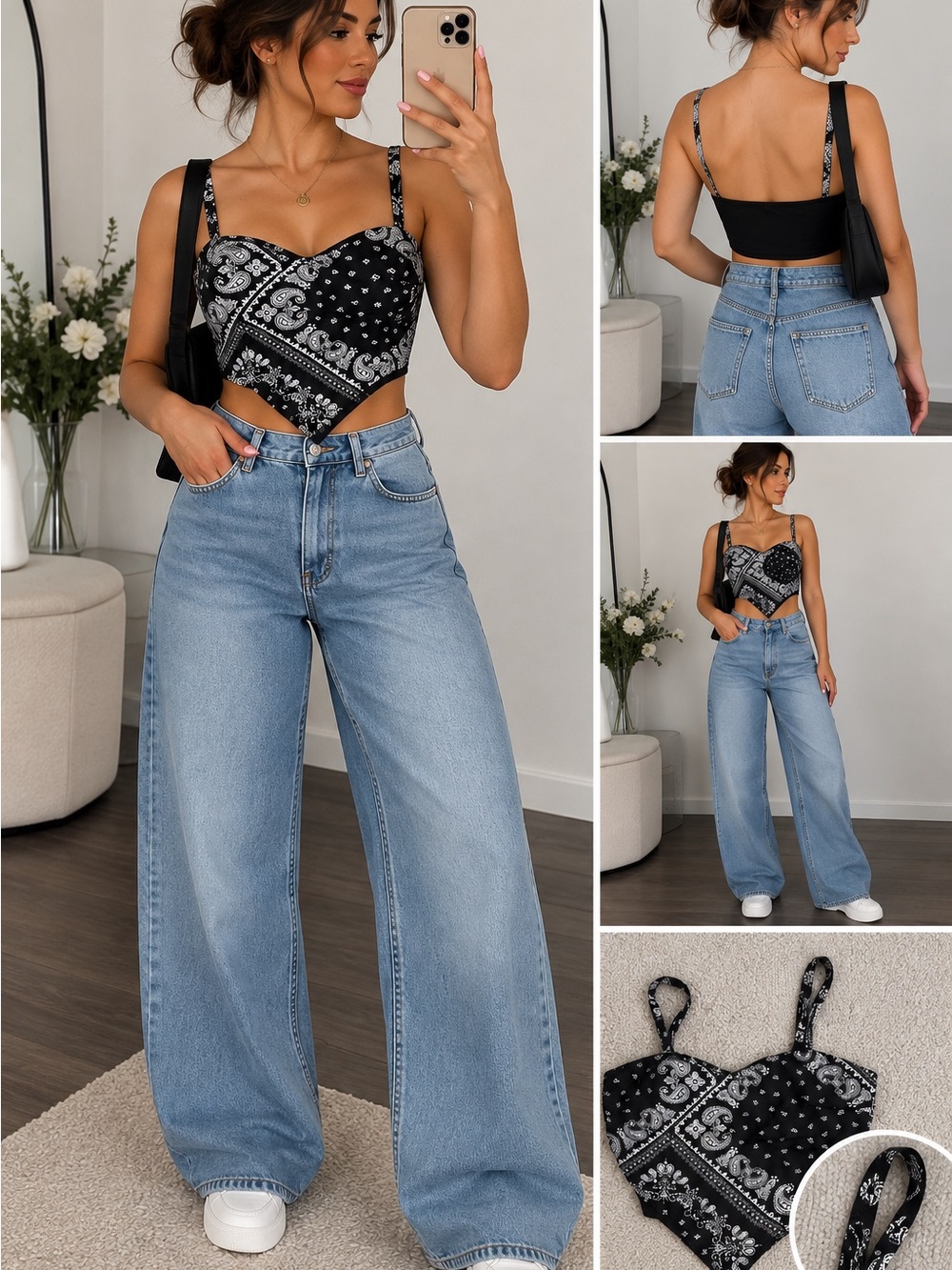 Women's Black Bandana-Print Wrap Crop Top with Straps